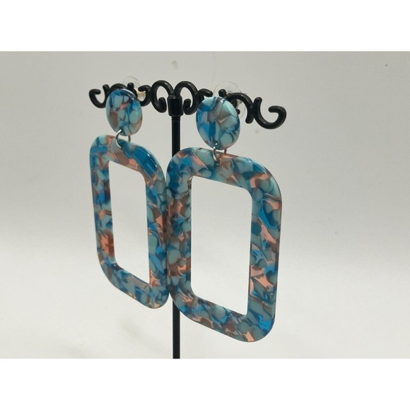 Turquoise Acrylic Dangle Geometric Resin Hoops Earrings! - Picture 5 of 8